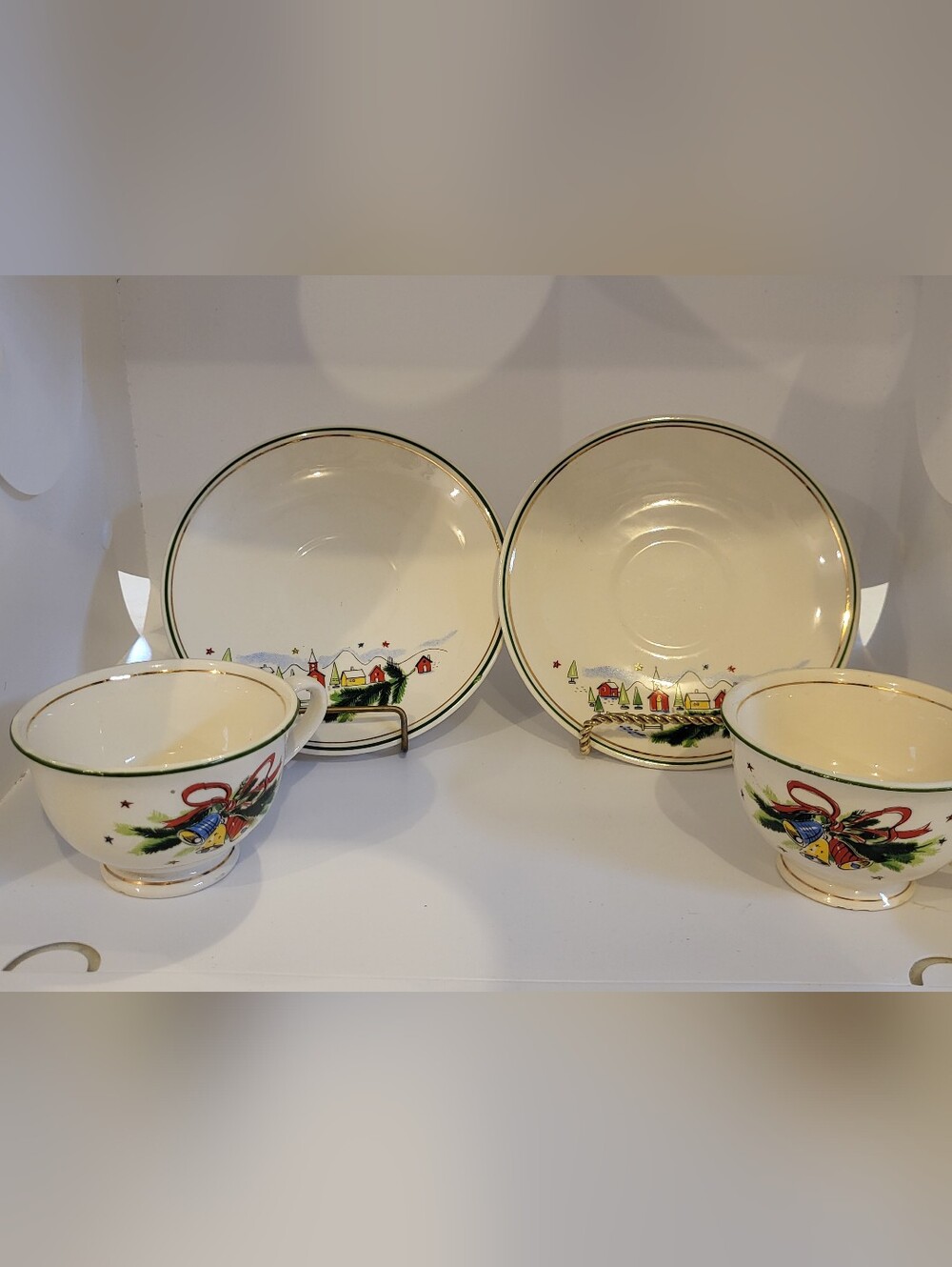 SALEM China Christmas Eve Teacups & Saucers, Set Of 2 Ea Wteath & Winter Village